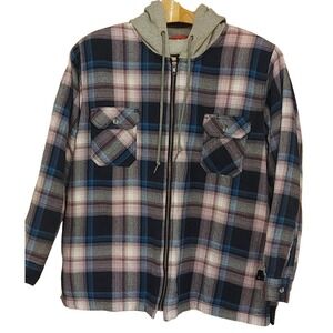 AW Outfitters Mens 1X Hooded Flannel Jacket Plaid Sherpa Lined ZipUp Blue Purple